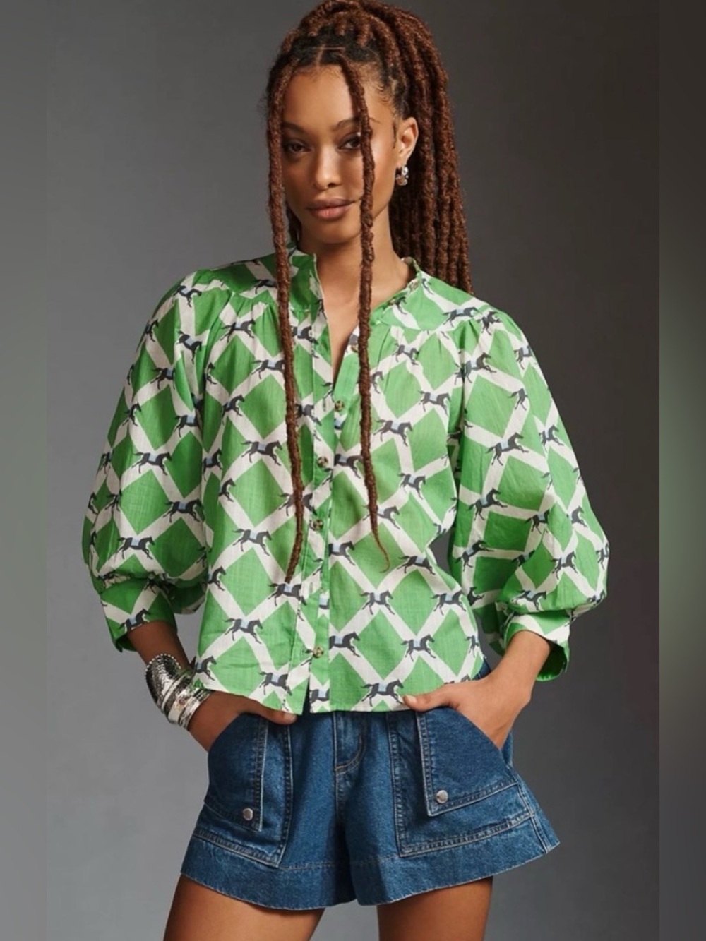 Anthropologie Maeve Green Horse Buttondown Oversized Cotton Blouse